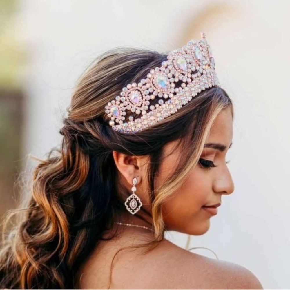 Rose Gold AB Stones Tiara Corona Crown Quinceanera Bridal Adjustable Pin In